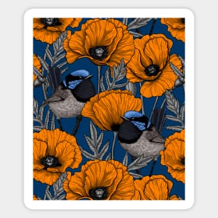 Fairy wrens and orange poppies Sticker